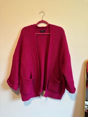 Zara Bright Pink Chunky Ribbed Open-Front Pocket Cardigan